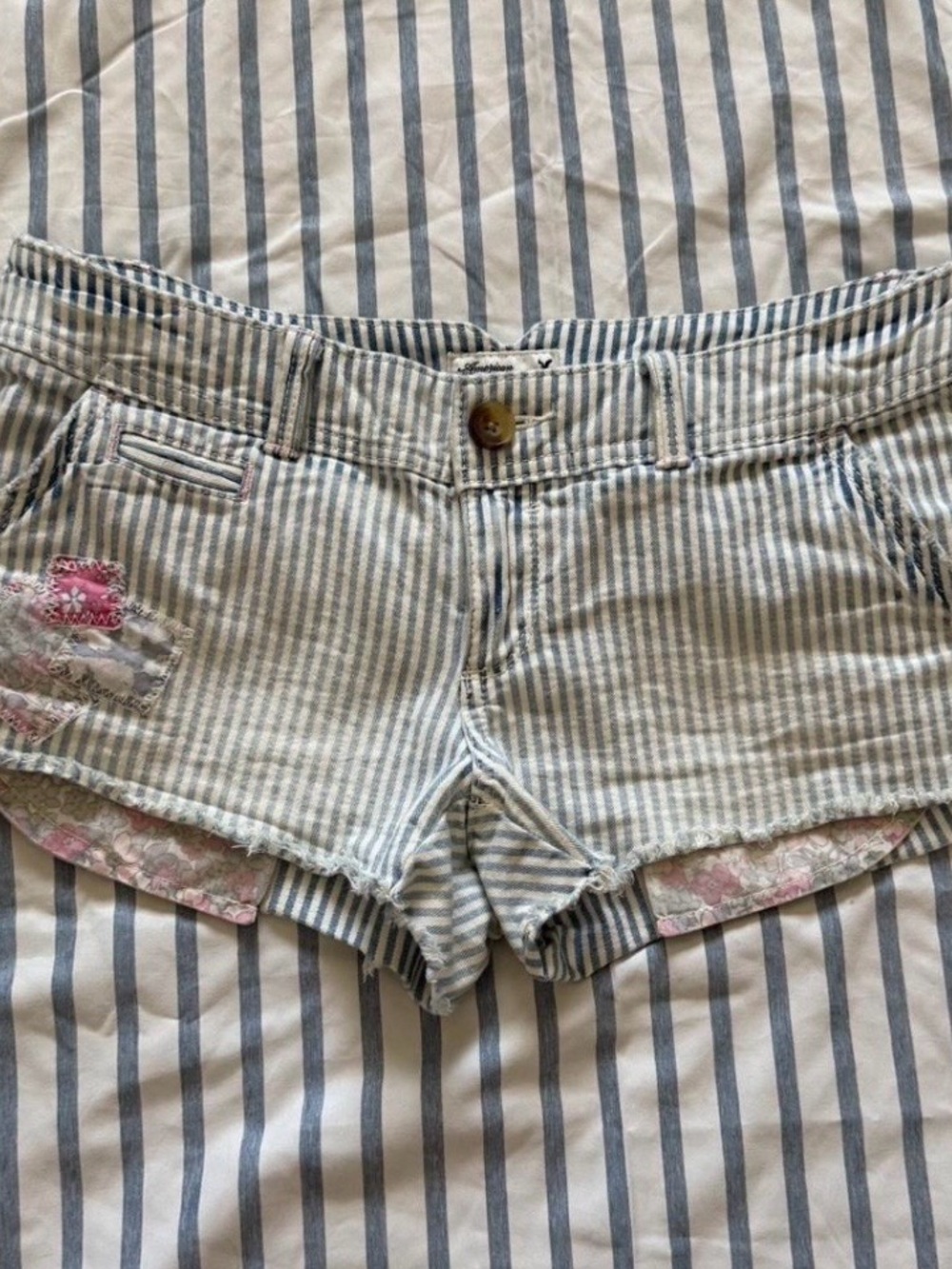American Eagle Outfitters Striped Blue & White Shorts with Cute Patchwork